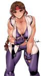 1girl alluring athletic_female between_breasts big_breasts braid breasts brown_eyes brown_hair cleavage female_abs fit_female headband king_of_fighters leaning_forward looking_at_viewer snk standing yuri_sakazaki