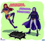  1girl 2_girls beengineer breast_expansion breasts clothing dc_comics dialogue english_dialogue female_only green_eyes grey_skin huge_breasts long_hair raven_(dc) self_fondle starfire teen_titans under_boob 