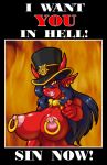  amber_eyes big_breasts black_hair blue_hair bow_tie breasts demien demon ear_piercing english_text erect_nipples female fire hair hat headgear horn lips looking_at_viewer naughty_face nipple_piercing nipples piercing pointy_ears portrait red_skin succubus text top_hat 
