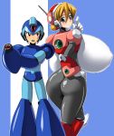  1boy 1girl alia_(rockman) ass blonde_hair blue_eyes breasts capcom erect_nipples gigantic_breasts high_res highres hips huge_ass huge_breasts kloah mega_man_x_(character) nipples rockman rockman_x skin_tight wide_hips x_(rockman) 