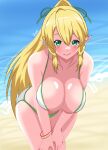 1girl alluring beach big_breasts bikini blonde_hair green_eyes leafa ocean sword_art_online yuukiren