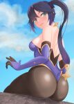  ass_focus blue_sky female_only genshin_impact green_eyes leotard looking_at_viewer medium_breasts mona_(genshin_impact) non-nude outside sitting twintails 