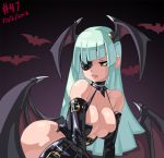  1girl alternate_costume ass bare_shoulders bat bat_wings belt black_legwear blush boots breast breasts capcom cleavage corset darkstalkers dated demon_girl dominatrix elbow_gloves eyepatch eyeshadow gloves green_eyes green_hair head_wings junkpuyo large_breasts leather leather_boots leather_gloves lips lipstick long_hair looking_back makeup morrigan morrigan_aensland open_mouth revealing_clothes smile solo succubus thigh_boots thighhighs vampire_(game) wings yellow_eyes 