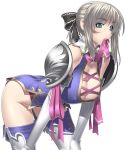 1girl armor ass bent_over big_breasts blonde_hair blush bow bows breasts cassandra_alexandra cleavage elbow_gloves gloves green_eyes hair_ribbon hair_ribbons huge_ass kansuke leaning_forward long_hair mouth_hold namco ribbon ribbon_in_mouth silf silver_hair solo soul_calibur soul_calibur_ii soul_calibur_iii soulcalibur soulcalibur_iv thighhighs white_background