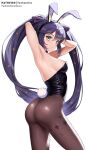  1girl accidental_exposure black_legwear bunny_girl bunnysuit closed_mouth embarrassed erect_nipples fake_animal_ears female_only genshin_impact green_eyes long_hair looking_at_viewer mona_(genshin_impact) no_bra perfect_ass posing standing twintails 