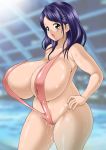  aqua_eyes blue_hair blush breasts cameltoe curvy female gigantic_breasts hand_on_hip high_res highres hips huge_breasts indoors long_hair open_mouth plump sling_bikini solo swimsuit tetsujinex thick_thighs thighs wet wide_hips 