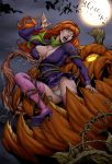  1girl breasts clothed daphne_blake dog dress dress_lift female female_human forced forced_undressing hairband halloween high_heels monster no_bra nyte panties pumpkin red_hair restrained scooby-doo stockings tentacle tongue undressing vore white_panties 