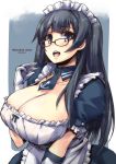  1girl 2017 :d :o apron atago_(kantai_collection) bespectacled black_hair blue_eyes breasts cleavage cleavage_cutout cute dress frills glasses gloves huge_breasts kantai_collection long_hair maid maid_apron maid_headdress neck_tie open_mouth puffy_sleeves red-framed_glasses shinshin smile white_gloves 