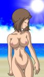 1girl alluring arm arms art babe bare_arms bare_legs bare_shoulders beach big_breasts breasts brown_hair cleavage closed_eyes cloud collarbone female_abs kageta lake_art legs may_(pokemon) navel neck nintendo nipples nude ocean outside pokemon pokemon_(anime) pokemon_(game) pokemon_rse pussy sakaki_(artist) sand sea short_hair sky smile standing sun uncensored