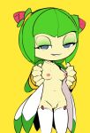  1girl 1girl blue_eyes breasts clothed clothing cosmo_the_seedrian elemental_creature elemental_humanoid eyeshadow flora_fauna genitals green_eyeshadow green_hair hair high_res humanoid legwear makeup nipples partially_clothed plant plant_humanoid pussy seedrian sega simple_background smile sonic_the_hedgehog_(series) sonic_x stockings tenshigarden yellow_background 