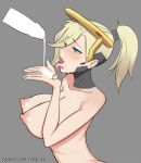  1boy 1girl angela_ziegler areolae artist_name big_breasts blonde blue_eyes breasts censored clavicle cum cum_on_face cum_on_hand cum_on_tongue eyebrows_visible_through_hair grey_background mechanical_halo mercy_(overwatch) nipples open_mouth overwatch ponytail semen semen_in_mouth semen_on_tongue tied_hair tongue tongue_out vanquice web_address web_address_with_path web_address_without_path 