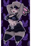  1girl 1girl 2018 alternate_costume anthro bottomwear breasts buckteeth choker cleavage clothed clothing collar digital_media_(artwork) dipstick_ears disney ear_piercing ears_down facial_piercing fur furry goth grey_fur half-closed_eyes high_res jewelry judy_hopps lagomorph legwear leporid lip_piercing looking_at_viewer mammal midriff multicolored_ears navel necklace pattern_background piercing pivoted_ears pose purple_eyes rabbit raised_arm seductive short_stack simple_background skimpy skirt spiked_collar spikes stockings teeth thick_thighs under_boob zombieray10 zootopia 