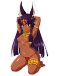  1girl :p animal_ears anklet anubis armpits arms_up black_hair blush breasts dark_skin egyptian egyptian_mythology eyeshadow flat_chest high_res highres jewelry long_hair lots_of_jewelry makeup nipples original purple_hair queen_anubis red_eyes seiza simple_background sitting small_breasts solo thick_thighs thighs tongue tongue_out topless white_background yoohi 