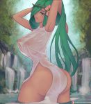  1girl armpit big_breasts breasts female female_human female_only green_eyes green_hair hair_over_one_eye human long_hair looking_at_viewer mallow mallow_(pokemon) mostly_nude no_bra no_panties pokemon see-through see-through_clothes solo standing standing_in_water transparent_clothing 