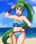  1girl bare_shoulders beach big_breasts bikini blush breasts cleavage cloud fire_emblem:_rekka_no_ken fire_emblem_blazing_sword fire_emblem_heroes green_eyes green_hair happy high_ponytail long_hair looking_at_viewer lyn lyndis lyndis_(fire_emblem) midriff navel necklace nintendo ocean one_eye_closed open_mouth outside patdarux patdarux_dream ponytail sand sky smile standing strapless strapless_bikini swimsuit very_long_hair water wink 