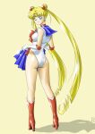  1_girl 1girl ass bishoujo_senshi_sailor_moon blonde blonde_hair blue_eyes blue_skirt boots choker clothes_in_front earrings elbow_gloves female female_only gloves heeled_boots high_heel_boots highres holding_skirt jewelry leotard long_blonde_hair long_hair long_twintails looking_back mr._r_(2ch&#039;s_sailor_moon_thread) red_boots sailor_moon serafuku skirt skirt_removed solo standing tiara transparent_background tsukino_usagi twintails undressing usagi_tsukino white_leotard 