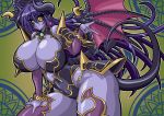 1girl armor astaroth_(shinrabanshou) bikini_armor blue_skin breasts clothed curvy demon_girl demon_tail demon_wings earrings female fingernails great_magami hips horns huge_breasts jewelry long_hair pointy_ears purple_hair shinrabanshou solo succubus tail thighs wide_hips wings yellow_eyes