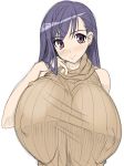  bare_shoulders blush breasts erect_nipples gigantic_breasts hand_on_neck huge_breasts kloah pink_eyes purple_hair simple_background solo sweater white_background 