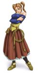  1girl breast_lift breasts brown_eyes brown_hair cleavage dragon_quest dragon_quest_viii dress earrings irotsuya jessica_albert jewelry large_breasts long_hair looking_at_viewer purple_shirt red_hair shirt smile solo square_enix twintails 