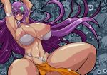  1girl areolae armpits arms_up belly bikini breast_slip breasts cameltoe chunsoft curvy dragon_quest dragon_quest_iv enix female great_magami hair highres huge_breasts jewelry loincloth long_hair lots_of_jewelry midriff minea navel nipple_slip nipples puffy_nipples purple_hair red_eyes solo spread_legs squatting sweat swimsuit tears thighs 