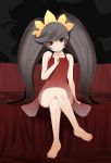 1girl ashley ashley_(warioware) bare_shoulders barefoot black_hair chemical-x crossed_legs feet female_only finger_to_mouth legs_crossed long_hair made_in_wario navel nintendo red_eyes see-through shushing sitting solo twin_tails twintails very_long_hair warioware
