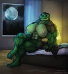  2012 abs bed bedroom biceps big_breasts breasts crocodile female furry lamp looking_at_viewer moon muscle muscles muscular_female night nipples nude pose reptile scalie solo thematelija window 
