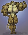 2012 abs biceps big_breasts breasts dinosaur female flexing furry hyper_muscles muscle muscles muscular_female nipples nude pussy reptile scalie smile t-rex thematelija tyrannosaurus_rex veins