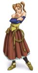  1girl breast_lift breasts brown_eyes brown_hair cleavage dragon_quest dragon_quest_viii dress earrings irotsuya jessica_albert jewelry large_breasts long_hair looking_at_viewer nipples purple_shirt red_hair shirt smile solo square_enix topless twintails 