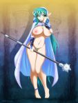  anklet barefoot belly big_breasts blue_hair blush breast_squeeze breasts cape elf female green_hair hair hood huge_breasts jessica_elwood_(artist) mace mage midriff navel nipples nude painted_nails pointy_ears polearm pubic_hair pussy shy solo staff very_long_hair voluptuous warrior 