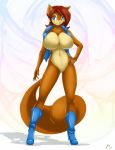 big_breasts black_nose blue_eyes blush boots breasts brown_hair chipmunk hair jessica_elwood_(artist) looking_at_viewer navel nude rodent sally_acorn sega short_hair solo sonic_(series) squirrel standing tail