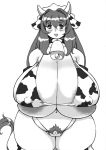  1girl animal_ears areola_slip areolae bell big_breasts bikini blush bovine breasts cameltoe chubby collar cow_ears cow_girl cow_print cow_tail erect_nipples female gigantic_breasts highleg horns huge_breasts long_hair monochrome navel nipples open_mouth overweight plain_background plump pubic_hair pussy_peek semi-furry simple_background skimpy smile solo standing swimsuit tail tatara thick_thighs thighs thong white_background wide_hips 