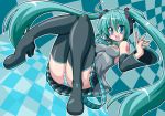  1girl aqua_eyes aqua_hair breasts detached_sleeves female great_magami hatsune_miku headphones headset long_hair miku_hatsune neck_tie necktie panties skirt smile solo stockings thigh-highs thighhighs twin_tails twintails underwear very_long_hair vocaloid zettai_ryouiki 
