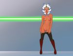  1girl ahsoka_tano alien anaxus blue_eyes boots breasts female female_alien looking_at_viewer mostly_nude no_bra no_panties pants pants_down pussy solo standing star_wars star_wars:_the_clone_wars togruta 