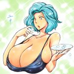  1girl bare_shoulders blue_hair breasts character_request cleavage erect_nipples female hataraki_ari huge_breasts open_mouth short_hair solo source_request upper_body yellow_eyes 