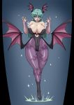  1girl aqua_eyes aqua_hair bare_shoulders boots breasts breasts_outside capcom cleavage curvy demon_girl demon_wings detached_sleeves earrings female gloves great_magami highres hips huge_breasts jewelry leotard long_hair morrigan_aensland open_mouth solo standing succubus thick_thighs thigh_gap thighs vampire_(game) wide_hips wings 