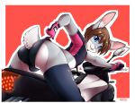  1girl 2016 anthro ass bent_over blue_eyes booty_shorts brown_hair buckteeth bulge clothing crop_top fur furry girly gloves grey_fur hair lagomorph legwear logitech looking_at_viewer looking_back malachyte male mammal midriff motorcycle multicolored_fur open_mouth pink_background rabbit rear_view shirt shorts shorts_pull simple_background smile spread_legs spreading stockings teasing teeth two_tone_fur white_countershading white_fur 