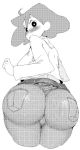  1girl ass bad_id belt blush cameltoe crayon_shin-chan cropped_legs curvy denim from_behind huge_ass jeans leaning_forward long_hair looking_at_viewer looking_back milf monochrome nohara_misae oinari oinari_(inarizushi) pants simple_background skin_tight solo soo source_request thick_thighs trefoil white_background wide_hips 