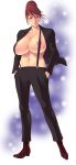  1girl areola_slip areolae bad_id breasts earrings female hands_in_pockets highres huge_breasts jewelry long_image milf navel nipples no_bra open_clothes open_shirt original red_hair shirt short_hair solo suspenders takasugi_kou tall_image 