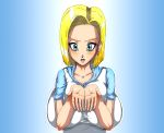  1girl android android_18 basara big_breasts blonde_hair blue_eyes breasts curvy dragon_ball dragon_ball_z earring earrings female hair highres huge_breasts jewelry large_breasts open_mouth plump short_hair solo 