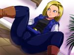 android_18 anime_milf blonde_hair blue_eyes boots cameltoe clothed dragon_ball dragon_ball_z hair lazuli_(dragon_ball_z) raburebo razuri_(dragon_ball_z) short_hair sitting skin_tight spread_legs