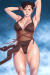  1girl alternate_costume armpits arms_up breasts brown_eyes brown_hair capcom chun-li curvy double_bun dress female hetero large_breasts lips pelvic_curtain perfection short_hair solo street_fighter street_fighter_iv takasugi_kou takasugikou thick_thighs thighs 
