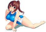  1girl :d arm_support bare_legs bare_shoulders barefoot big_breasts blush bosshi breasts brown_hair collarbone competition_swimsuit feet green_eyes kneel kneeling large_breasts legs long_hair looking_at_viewer mizugi_kanojo mizuho_(mizugi_kanojo) one-piece_swimsuit open_mouth original ponytail simple_background smile soles solo spread_legs sweat swimsuit toes wet white_background 