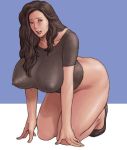  1girl black_hair blush bottomless breasts curvy erect_nipples female full_body kneeling large_breasts legs lipstick long_hair makeup milf nipples purple_background see-through simple_background solo takasugi_kou thick_thighs thighs wavy_hair 