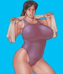  1girl armpits blue_background blush breasts brown_eyes brown_hair curvy erect_nipples female holding large_breasts lips milf nipples ponytail simple_background solo swimsuit takasugi_kou towel wet 
