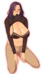  1girl black_bra blush bra breasts brown_eyes cleavage copyright_request female highres huge_breasts kneeling lace-trimmed_bra lingerie midriff milf mouth_hold navel purple_hair shiny shiny_skin shirt_lift solo takasugi_kou underwear 