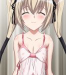 bare_shoulders blonde_hair blush closed_eyes ekaterina_kurae flat_chest hair lingerie nipples see-through seikon_no_qwaser small_breasts smile stitched underwear 