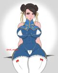  1girl abs big_breasts blush brown_eyes brown_hair chun-li huge_breasts looking_at_viewer massive_breasts nei_(artist) nei_vertex_(artist) puffy_lips sitting street_fighter thick_thighs tight_clothes 