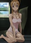 1girl breasts high_res highschool_of_the_dead miyamoto_rei nightgown panties red_eyes screencap sitting solo underwear
