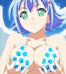 blue_hair breasts female green_eyes high_res holding_breasts nanael queen&#039;s_blade screencap short_hair smile solo