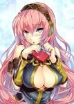  1girl blue_eyes blue_nails blush breasts chocolate cleavage cleavage_cutout erect_nipples female hands headphones hikapan huge_breasts long_hair looking_at_viewer megurine_luka nail_polish pink_hair shy solo tosh_(imonade_ryouchou) valentine very_long_hair vocaloid 